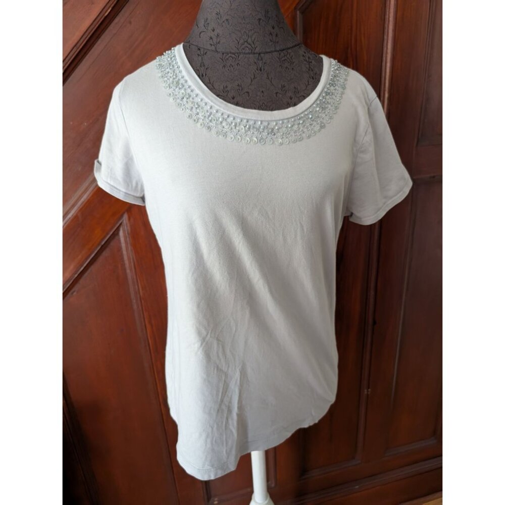 Womens Gray Short-Sleeve Top With Beaded Neckline By Merona Size M